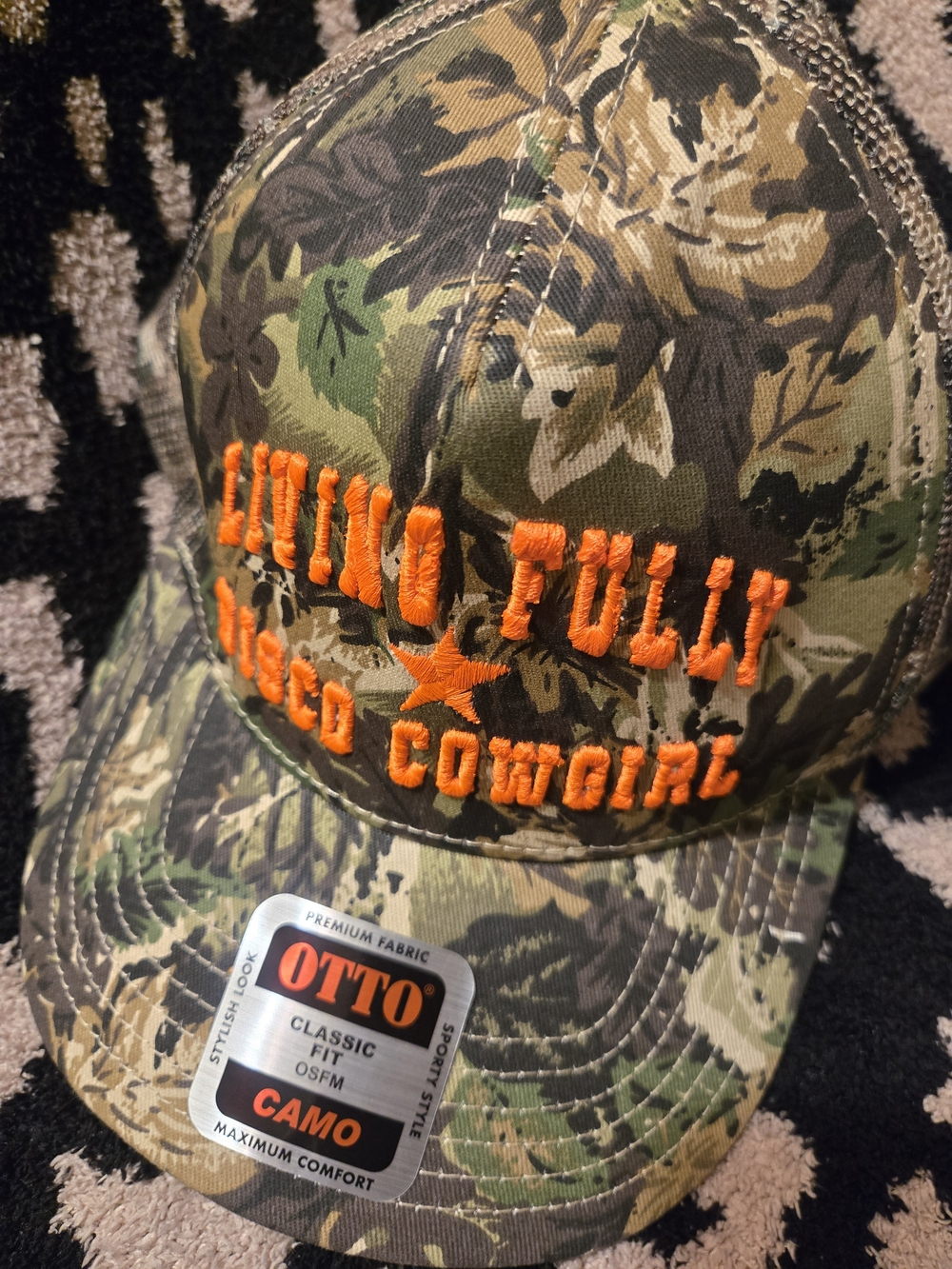 Living Fully Disco Cowgirl Orange Embroidered Trucker Hat